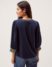 Emi Embroidered Cotton Jersey Top, Blue (NAVY), large