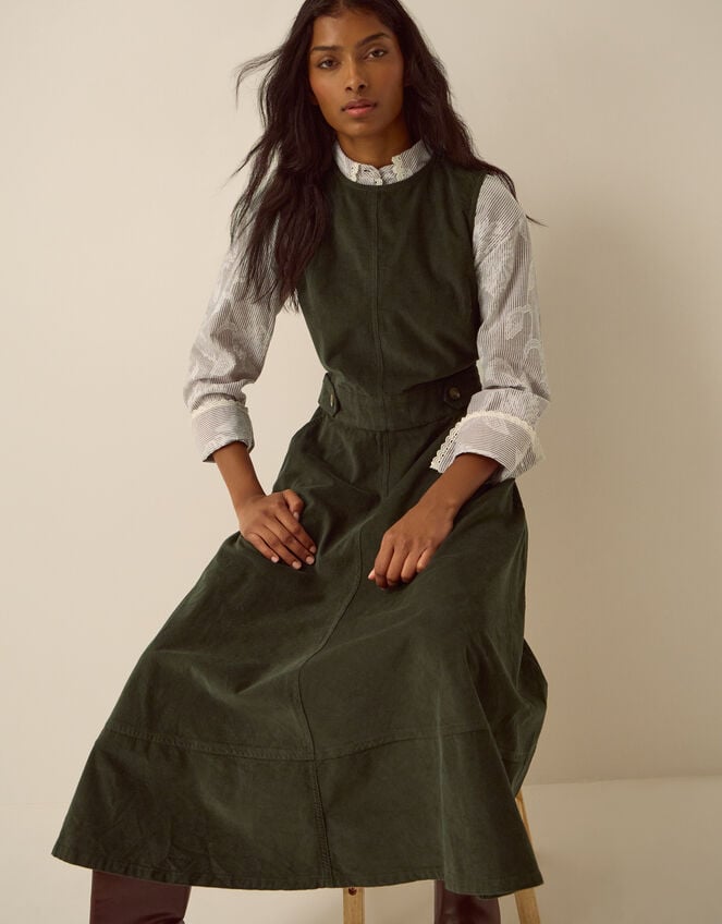 Ella Sleeveless Corduroy Midi Dress, Green (KHAKI), large
