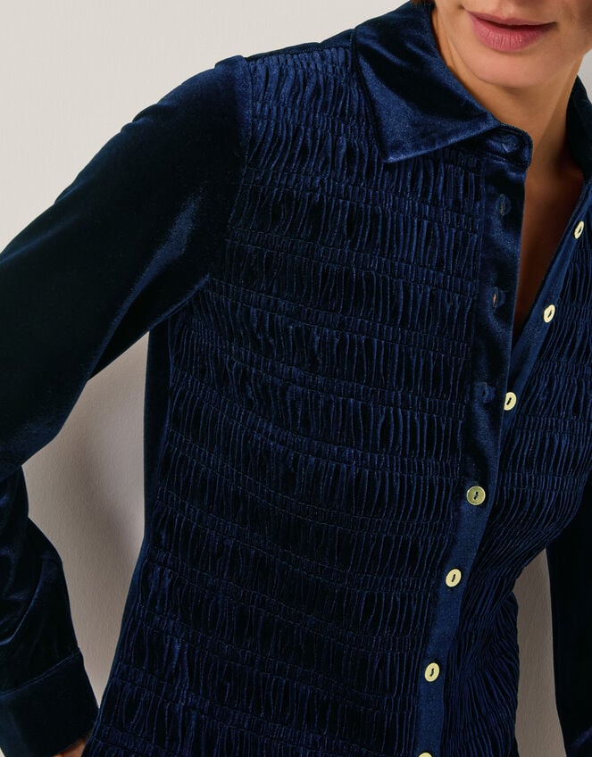 Samantha Smocked Stretch Velvet Shirt, Blue (MIDNIGHT), large