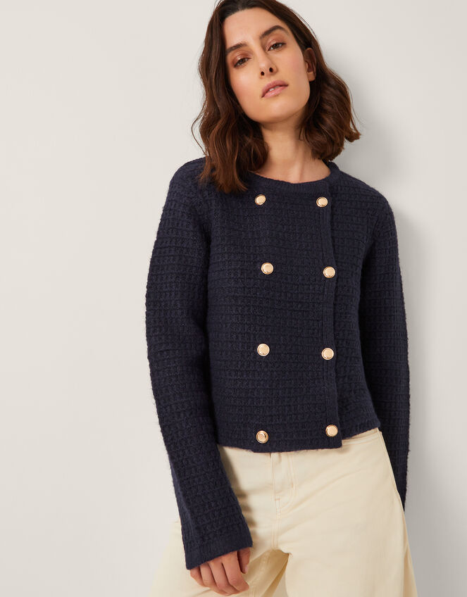 Skye Double-Breasted Waffle Knit Cardigan, Blue (NAVY), large