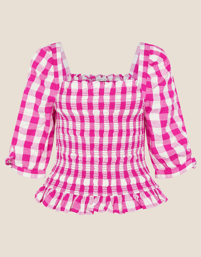 Gingham Check Shirred Bodice Top, Pink (PINK), large