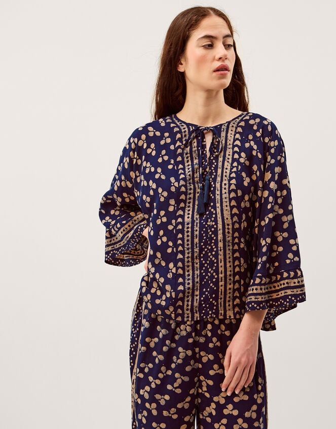 Clover Print Tassel Top, Blue (NAVY), large