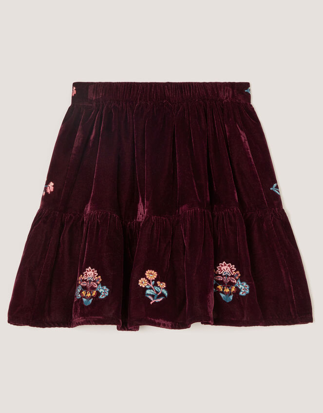 Floral Embroidered Velour Skirt, Red (BURGUNDY), large