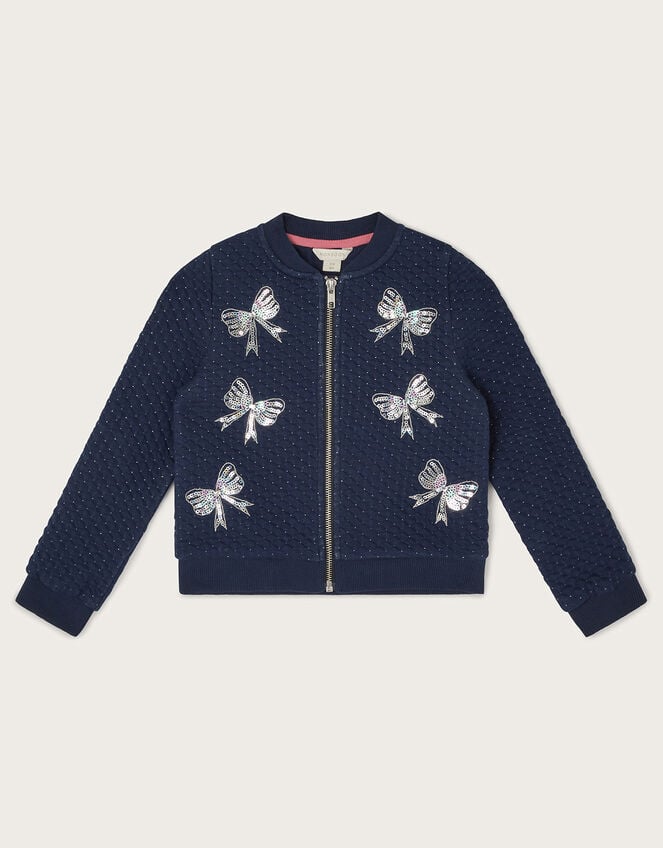 Embellished Sequin Bow Bomber Jacket, Blue (NAVY), large