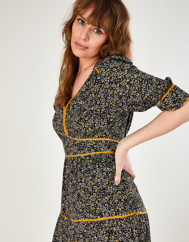 Ditsy Contrast Binding Fit and Flare Midi Dress, Black (BLACK), large