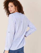 Stacy Stripe Shirt in Linen Blend, Blue (BLUE), large
