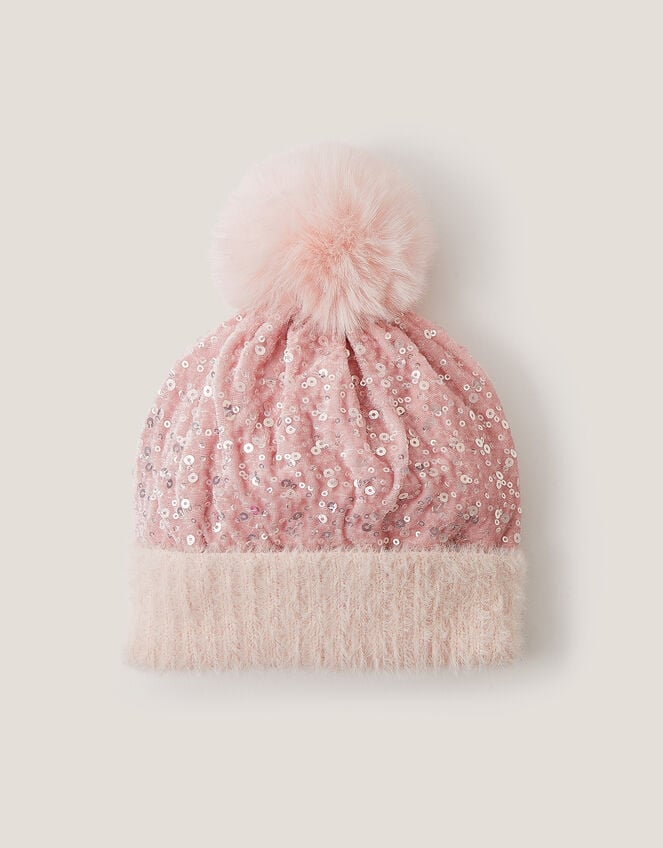 Sequin Pom-Pom Beanie, Pink (PINK), large
