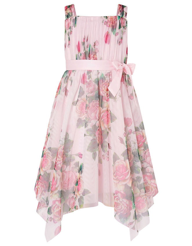 Rose Print Tulle Hanky Hem Dress , Pink (PINK), large