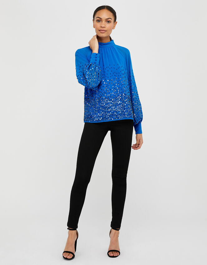 Leah Sequin Blouse, Blue (BLUE), large