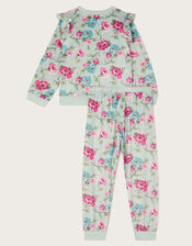 Velour Floral Print Long Sleeve Pyjamas Set, Green (GREEN), large