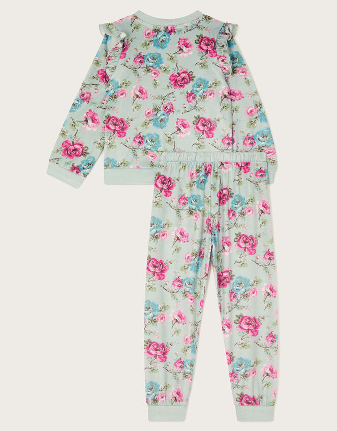 Velour Floral Print Long Sleeve Pyjamas Set, Green (GREEN), large