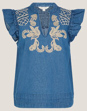 Holly Embroidered Denim Top, Blue (DENIM BLUE), large