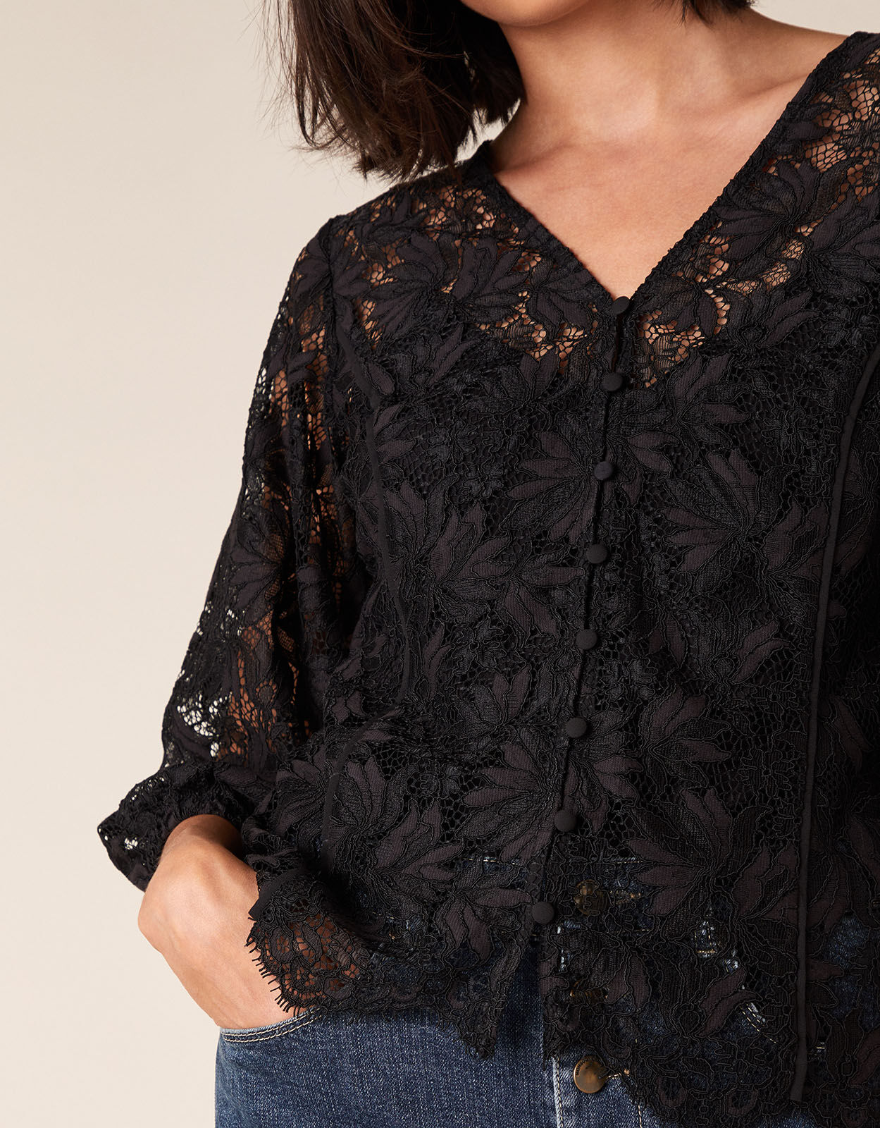 Floral Lace Button-Down Top Black 
