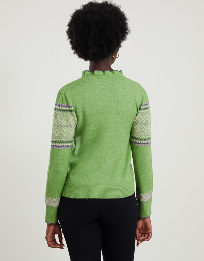 Frill Neck Fair Isle Jumper with Recycled Polyester, Green (GREEN), large