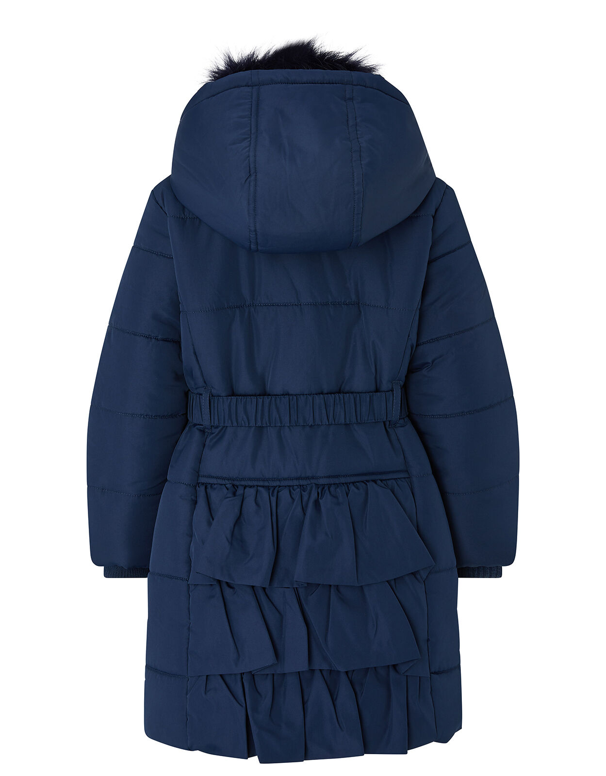 Ruffle Belted Padded Coat with Recycled Fabric Blue