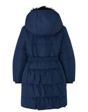 Ruffle Belted Padded Coat with Recycled Fabric, Blue (NAVY), large