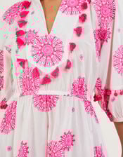 Tassel Embellished Medallion Print Kaftan Dress, White (WHITE), large