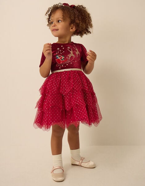 Baby Christmas Reindeer Mesh Dress & Headband Set, Red (BURGUNDY), large