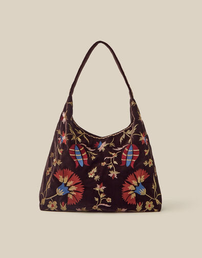Hatti Embroidered Velvet Slouchy Shoulder Bag, , large