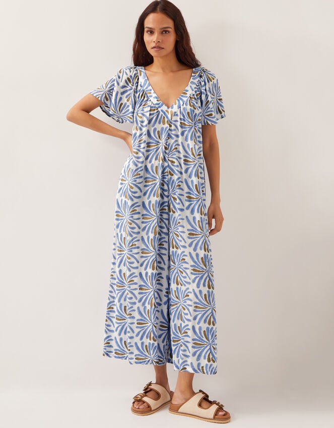 Cece Woodblock Wide-Leg Jumpsuit, Blue (BLUE), large