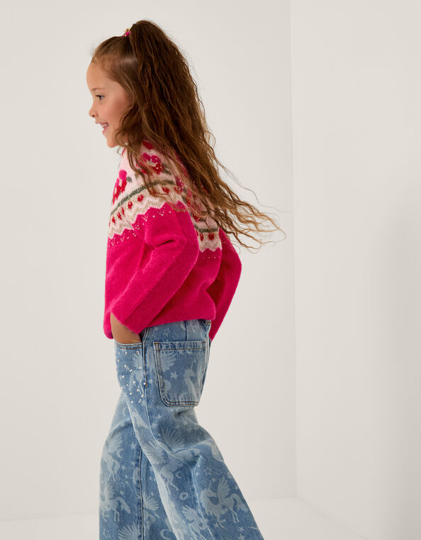 Rhinestone Floral Fair Isle Jumper, Pink (PINK), large