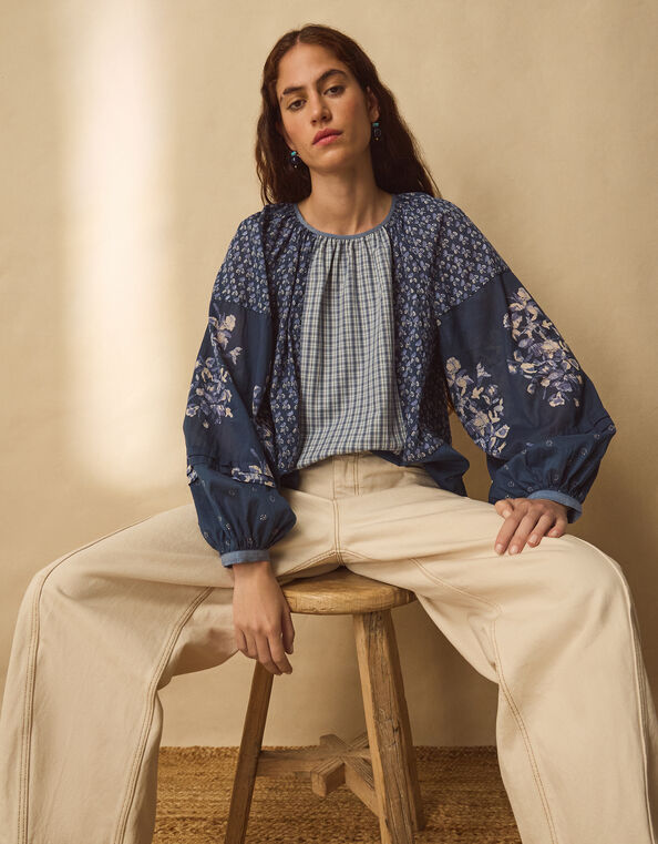 East Milly Floral Patchwork Blouse, Blue (BLUE), large