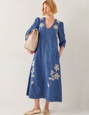 Fallon Floral Embroidered Denim Midi Dress, Blue (DENIM BLUE), large