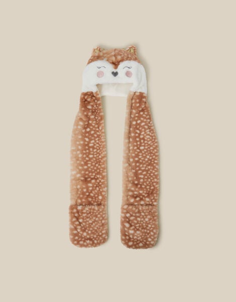 3-In-1 Fluffy Reindeer Hat Scarf, Brown (BROWN), large