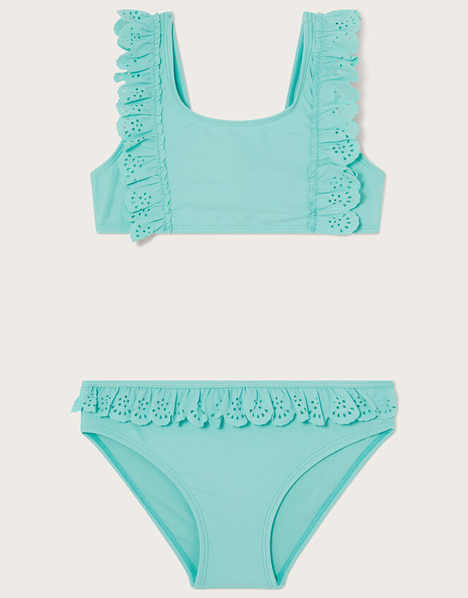 Laser Cut Frill Bikini Set	, Blue (TURQUOISE), large