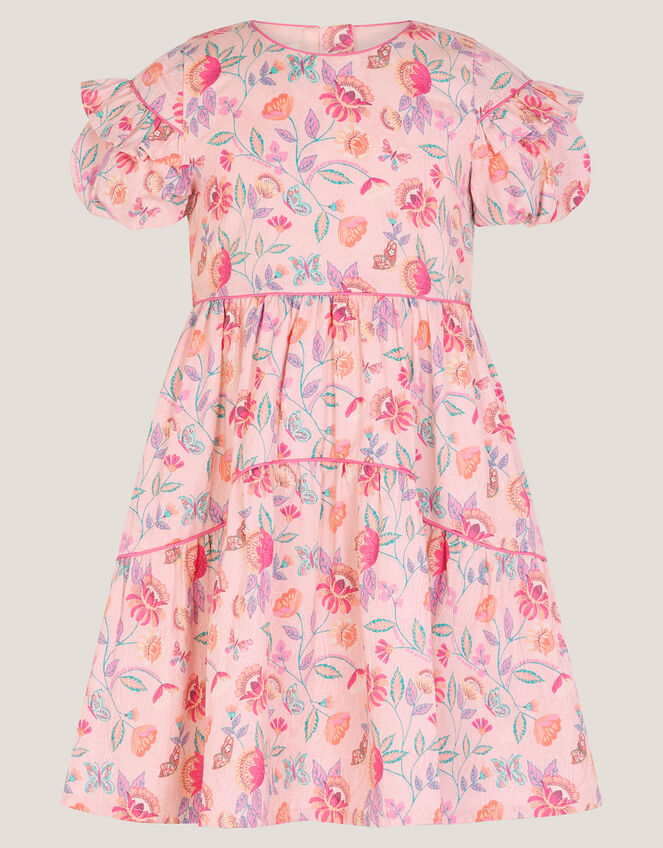 Floral Jacquard Ruffle Dress, Ivory (IVORY), large