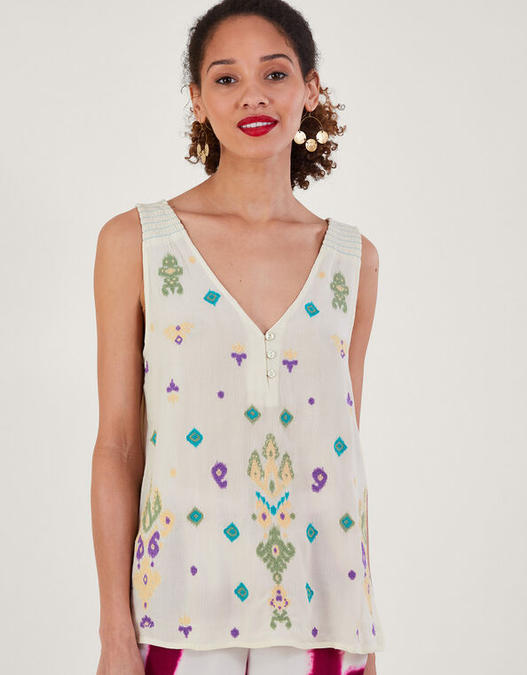 Sleeveless Embroidered Top, White (WHITE), large