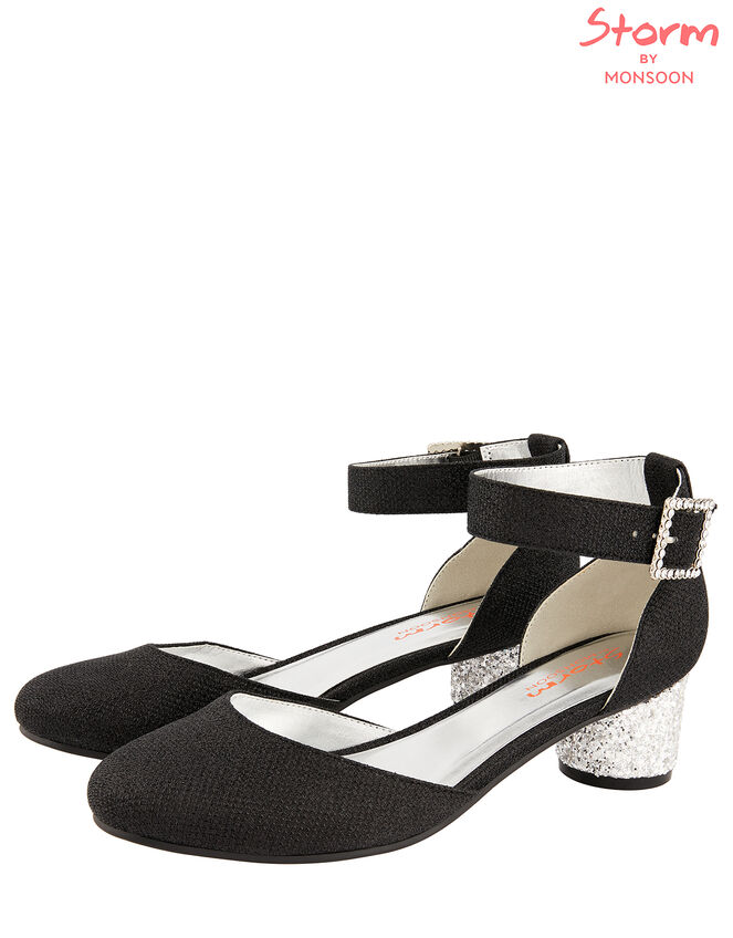 Diamante Buckle Glitter Heels, Black (BLACK), large