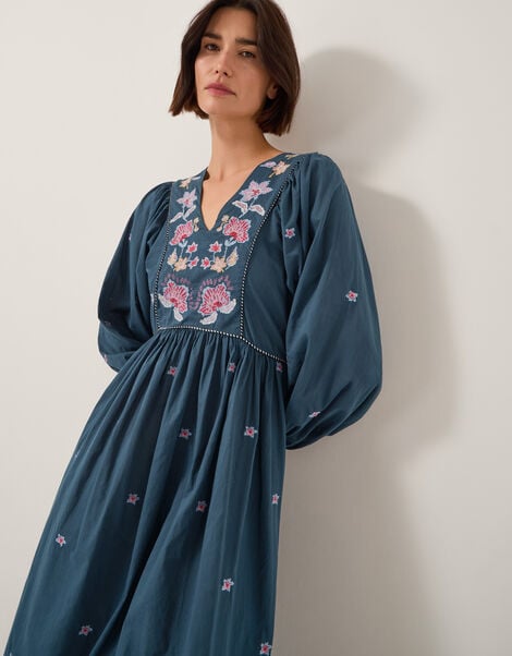 Bria Embroidered Long Sleeve Midi Dress, Blue (BLUE), large