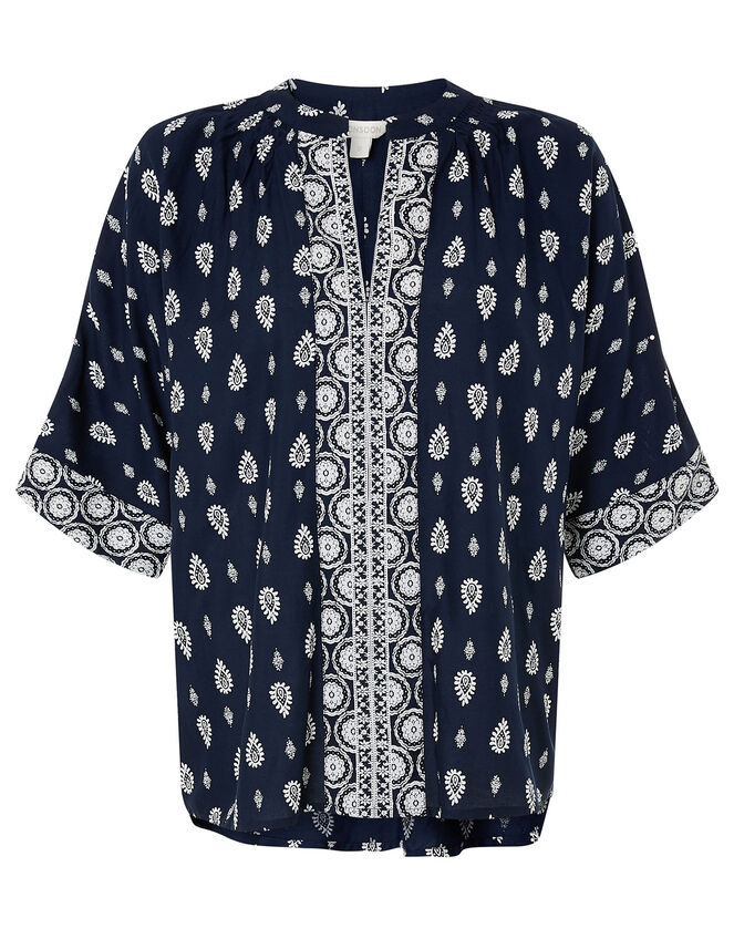 Heritage Print Top in LENZING™ ECOVERO™, Blue (NAVY), large