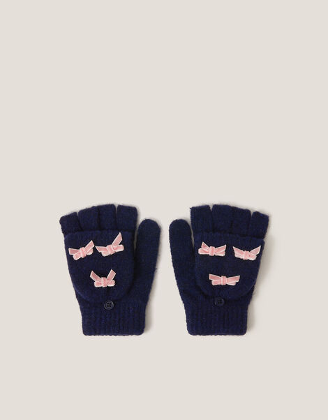 Bow Fingerless Gloves with Mittens, Blue (NAVY), large