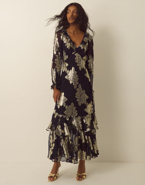 Rowena V-Neck Ruffle Metallic Jacquard Midi Dress, Black (BLACK), large