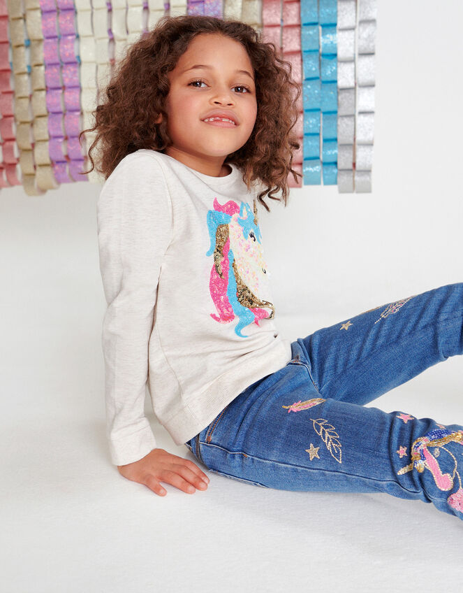 Sequin Unicorn Sweatshirt in Organic Cotton, Camel (OATMEAL), large