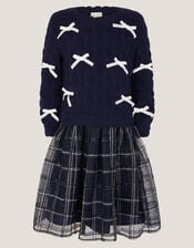 Bow Knit 2-in-1 Check Dress, Blue (NAVY), large