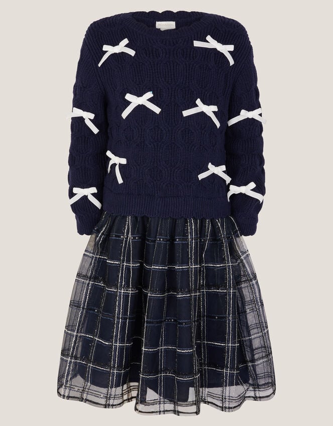 Bow Knit 2-in-1 Check Dress, Blue (NAVY), large