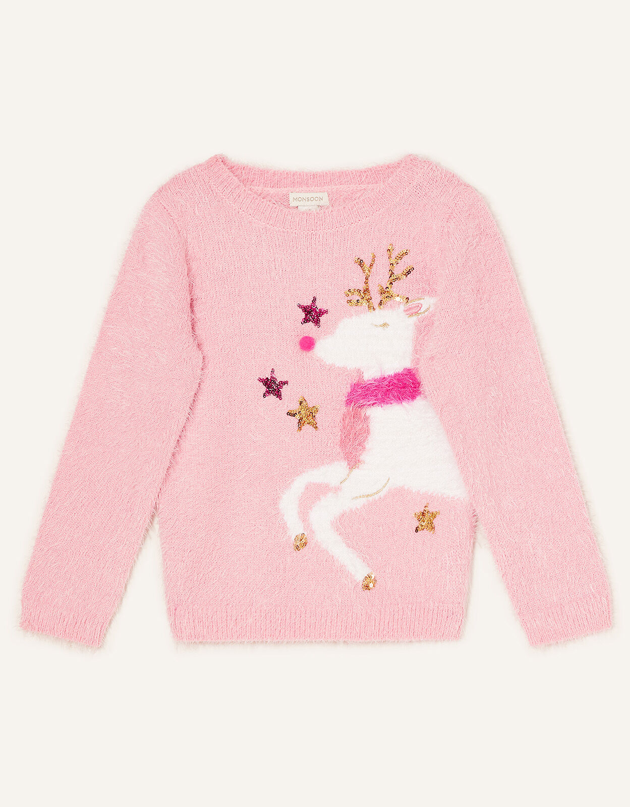 Reindeer Fluffy Jumper Pink Girls Tops T shirts Monsoon Global