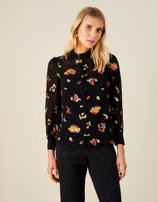 Sutton Embellished Animal Blouse , Black (BLACK), large
