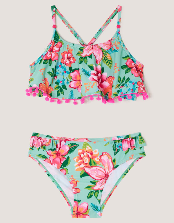 Tropical Flower Frill Bikini Swim Set, Blue (AQUA), large