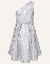 One-Shoulder Floral Jacquard Prom Dress, Silver (SILVER), large