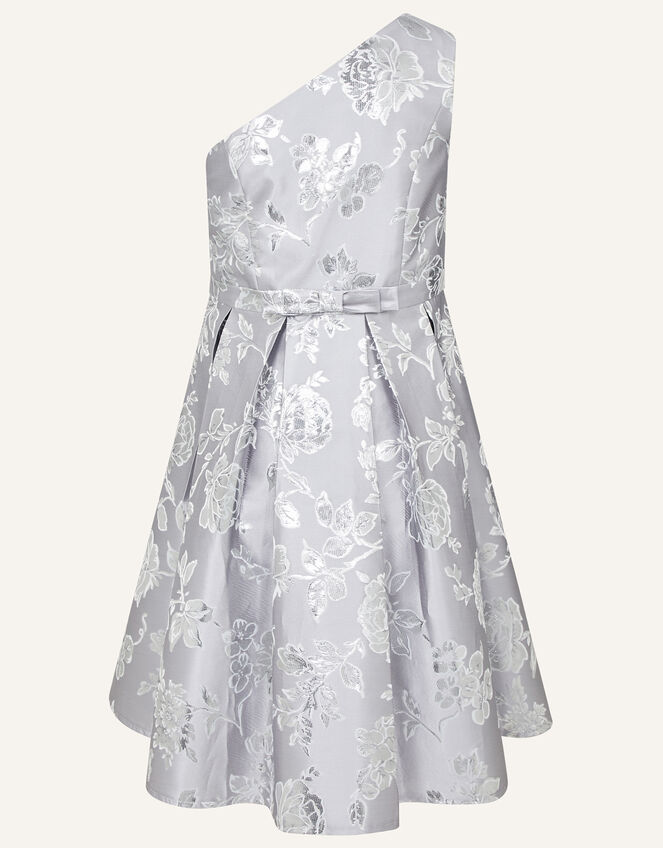 One-Shoulder Floral Jacquard Prom Dress, Silver (SILVER), large