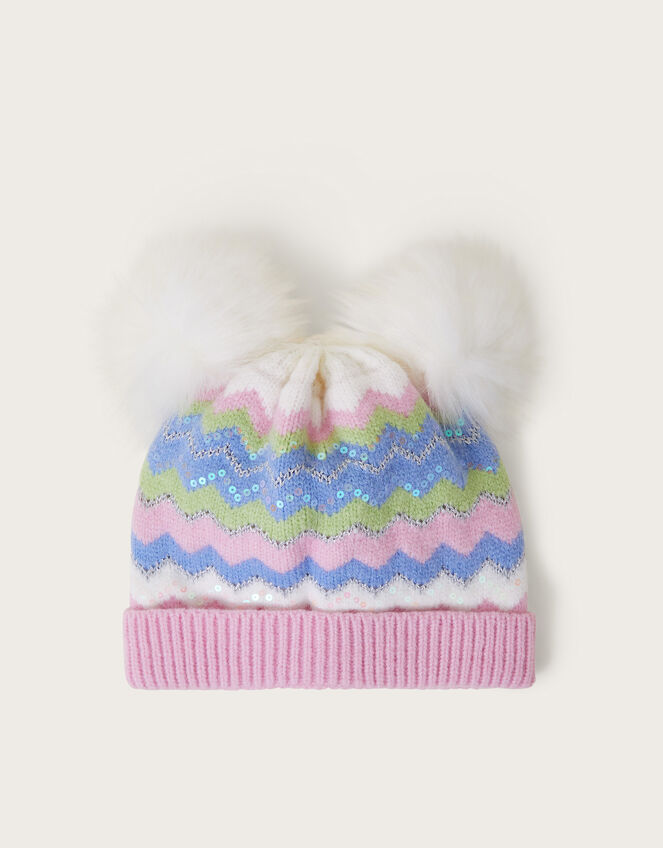 Double Faux Fur Pom Sequin Knit Beanie Hat, Multi (MULTI), large
