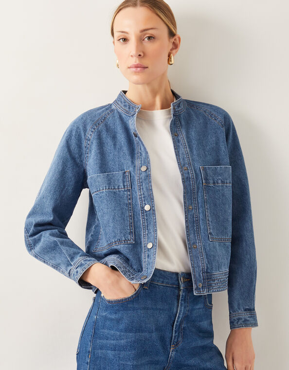 Binky Crop Collarless Denim Jacket, Blue (MID AUTHENTIC BLUE), large