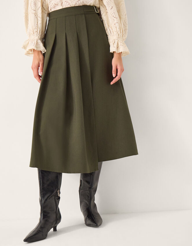 Jillian Pleated Kilt Midi Skirt , Green (KHAKI), large
