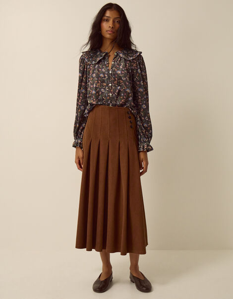 Sonja Pleated Corduroy Midi Skirt, Tan (TAN), large