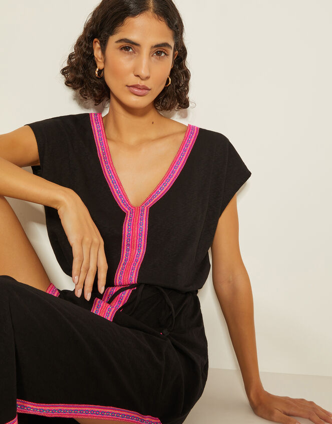 Estela Jersey Embroidered Kaftan, Black (BLACK), large