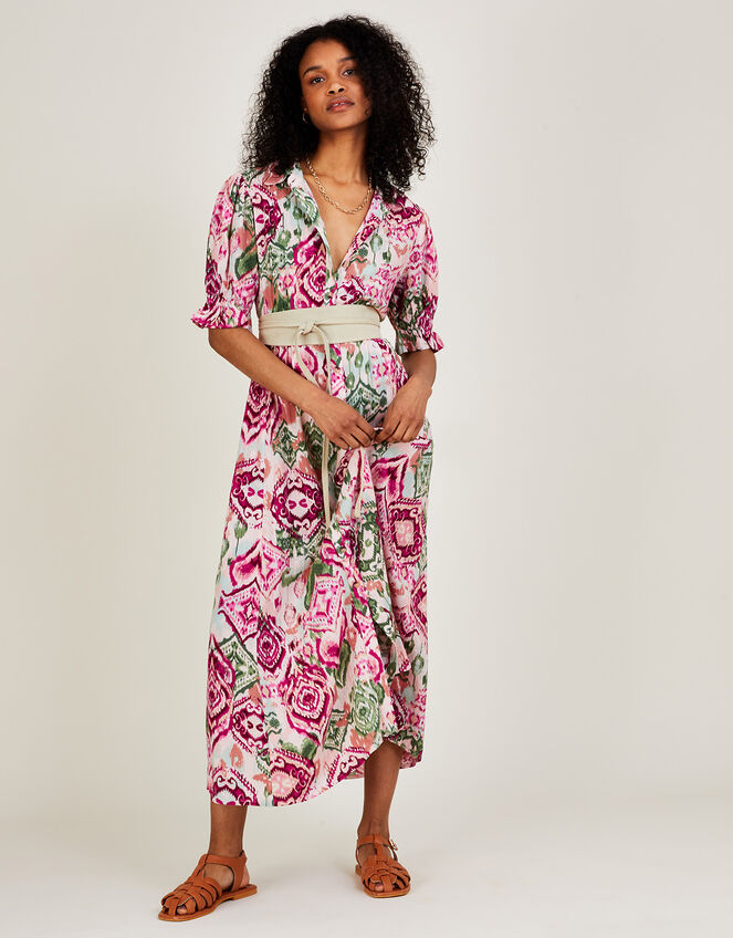 Ikat Print Shirt Midi Dress in LENZING™ ECOVERO™, Pink (PINK), large